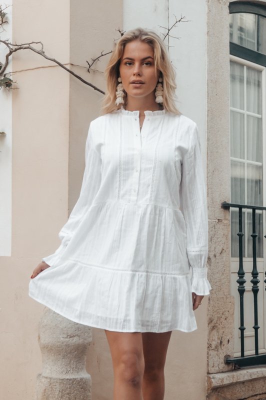 Witte dames jurk Colourful Rebel - ally mini gipsy ruffle dress 8208 white