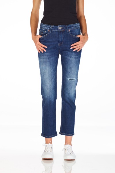 Blauwe dames jeans gescheurd - Good Morning Universe - Nancy midblue vintage repaired cropped - 21309-310-351